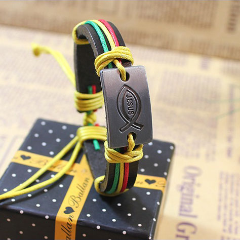 Jesus fish religion leather bracelet