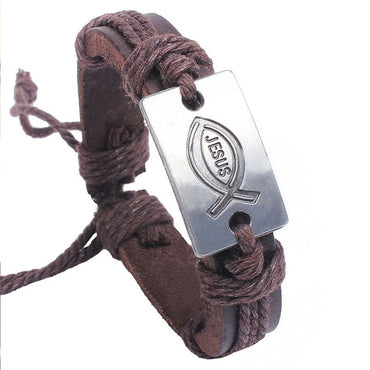 Jesus fish religion leather bracelet